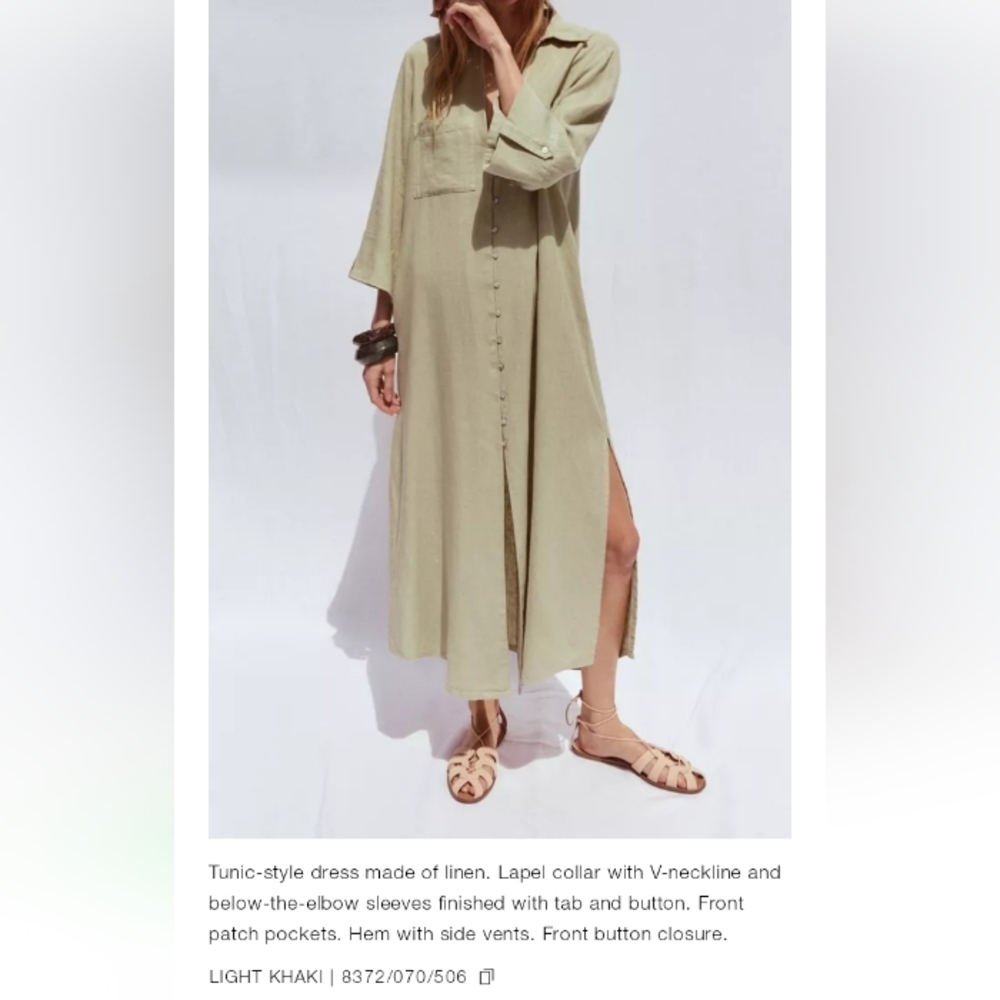 Zara Linen Light Khaki Long Tunic Shirt Dress Sz-L - Picture 11 of 11